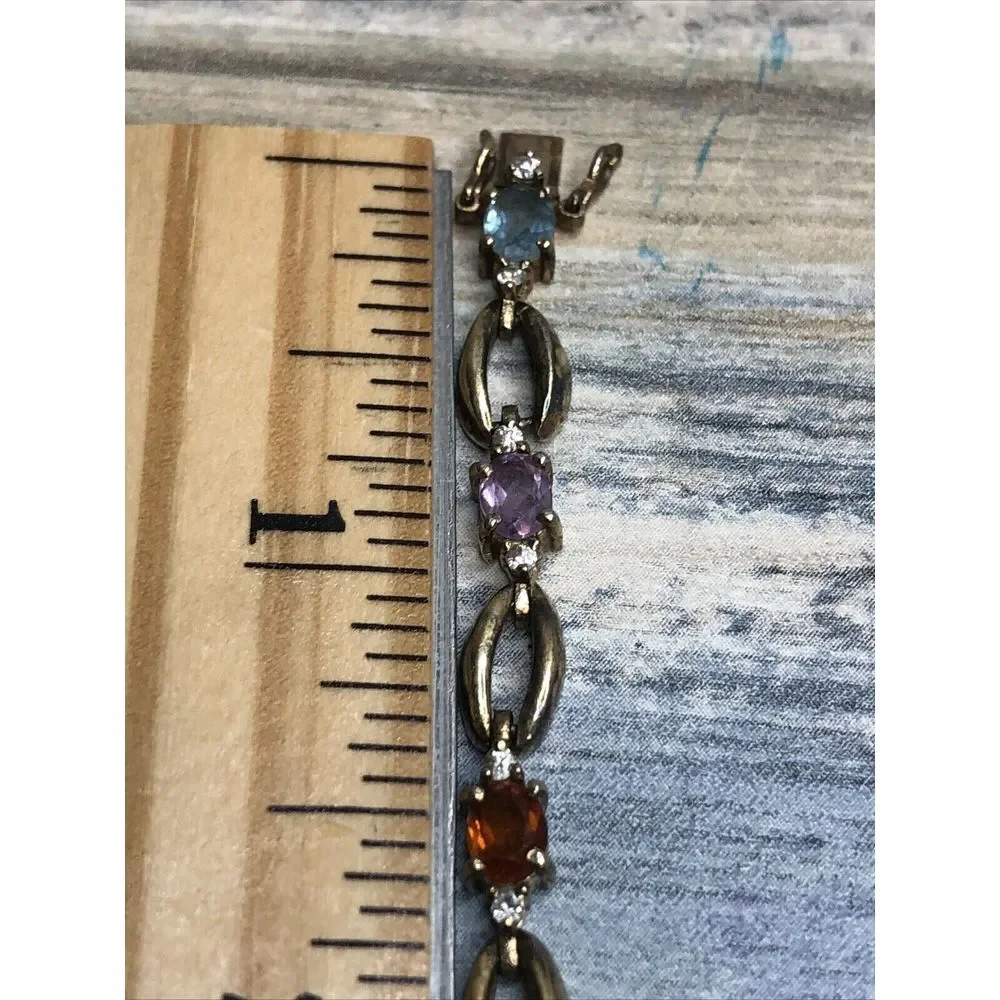 Vtg Vermeil Sterling Silver Colorful Gemstones Bracelet Amethyst‎ Topaz Garnet